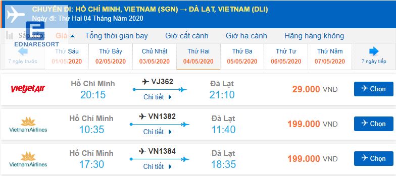 Vé máy bay từ thành phố Hồ Chí Minh đến Đà Lạt